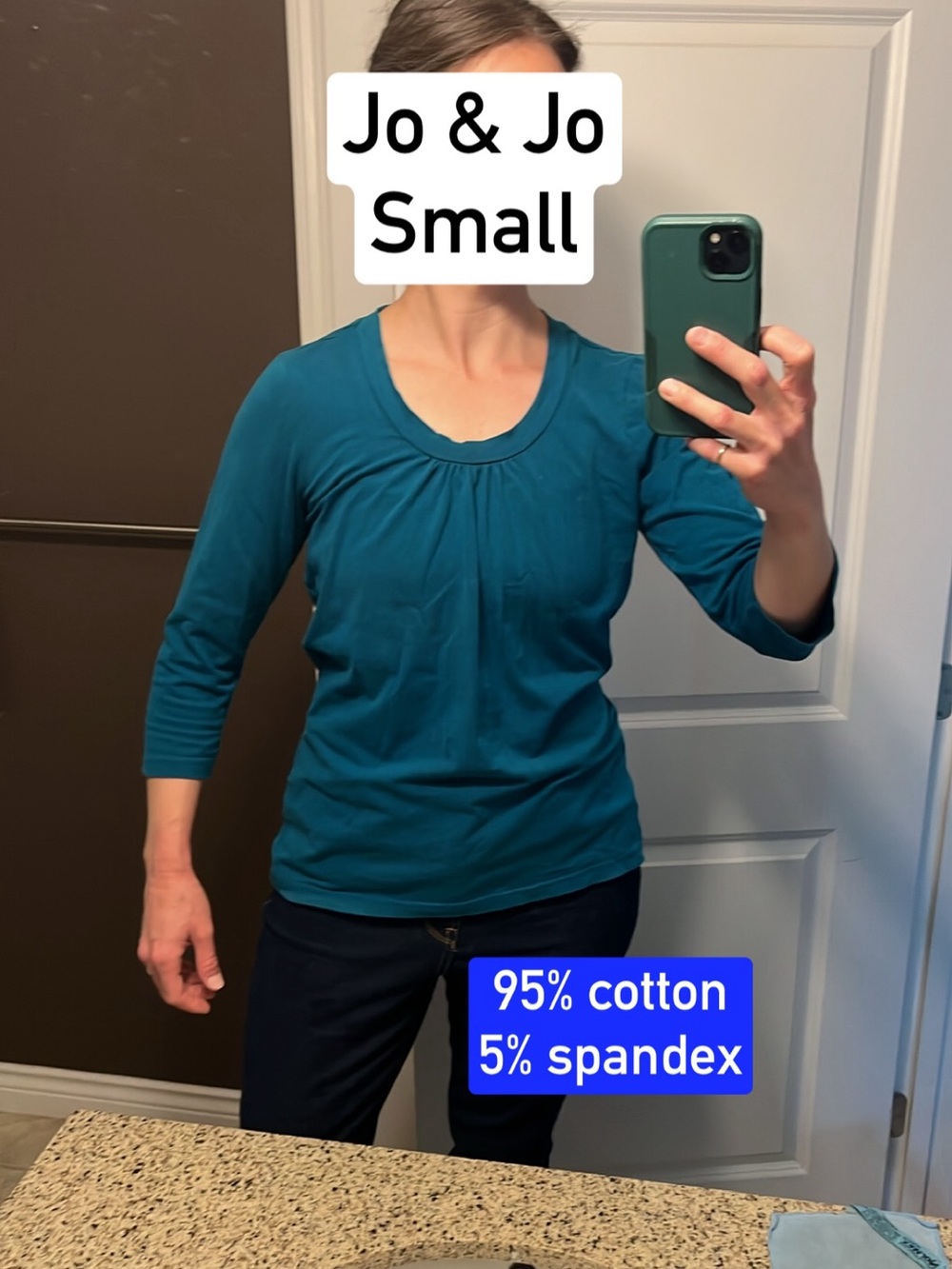 Jo&Jo Teal Scoop-Neck 3/4 length Long Sleeve Women's Top, with gathered neckline